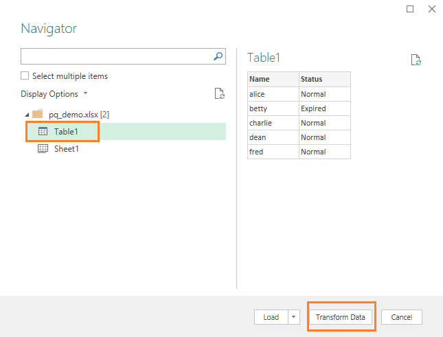 Select table1 to transform